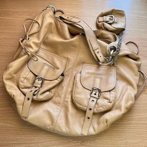 Danier beige leather hobo bag with silver metal details + removable chain purse